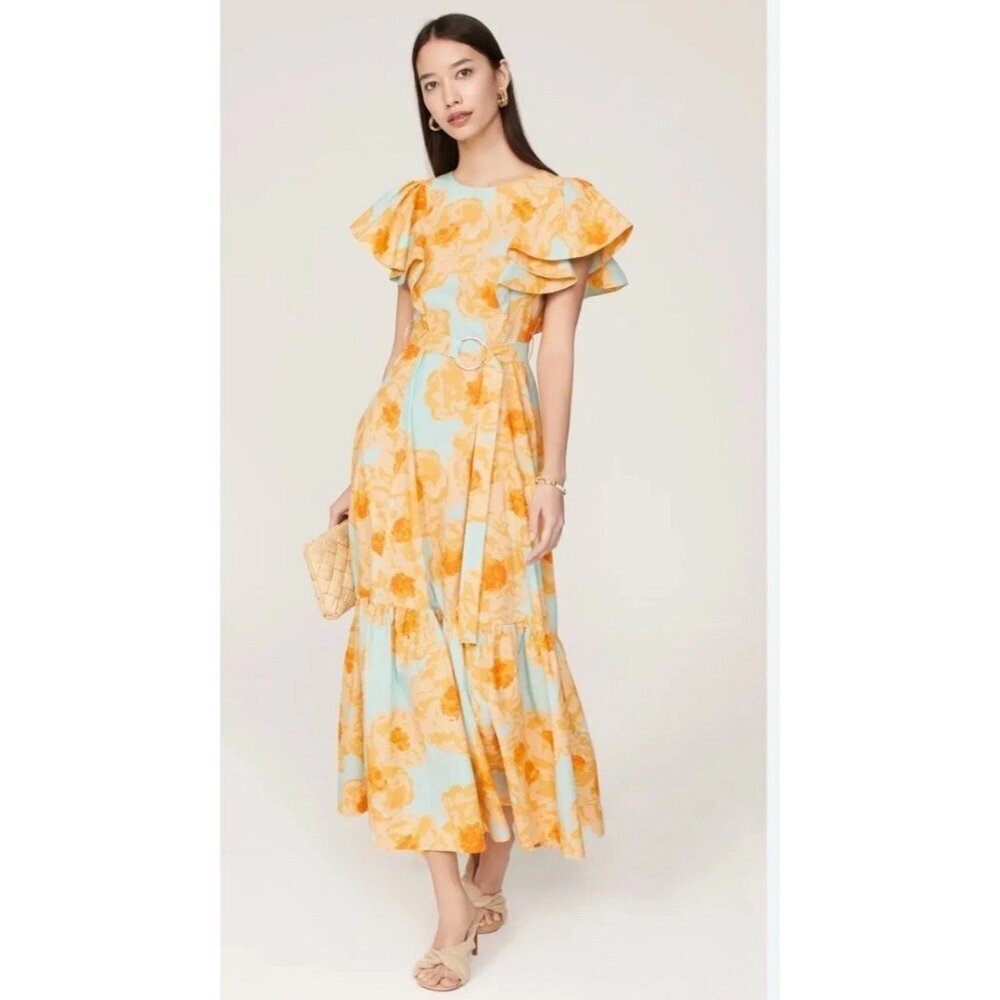Eudon Choi Blue‎ Orange Floral Flutter Sleeveles Maxi Dress Size 10 Party Spring